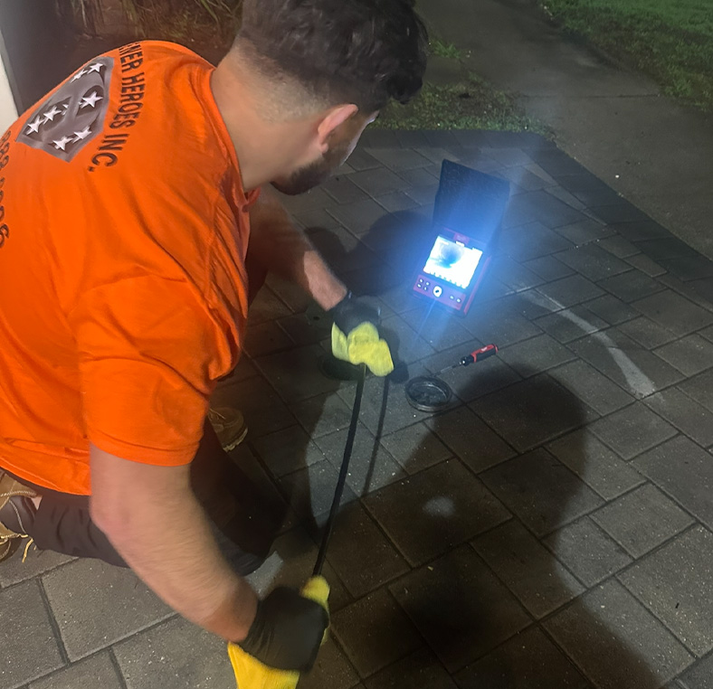 Technician in an orange Sewer Heroes shirt crouched on a driveway using a sewer camera at night