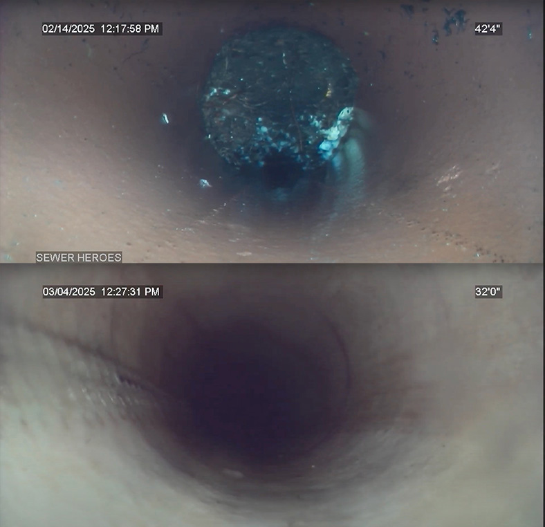 Split‑screen sewer inspection camera images showing blockage above and a clear pipe below