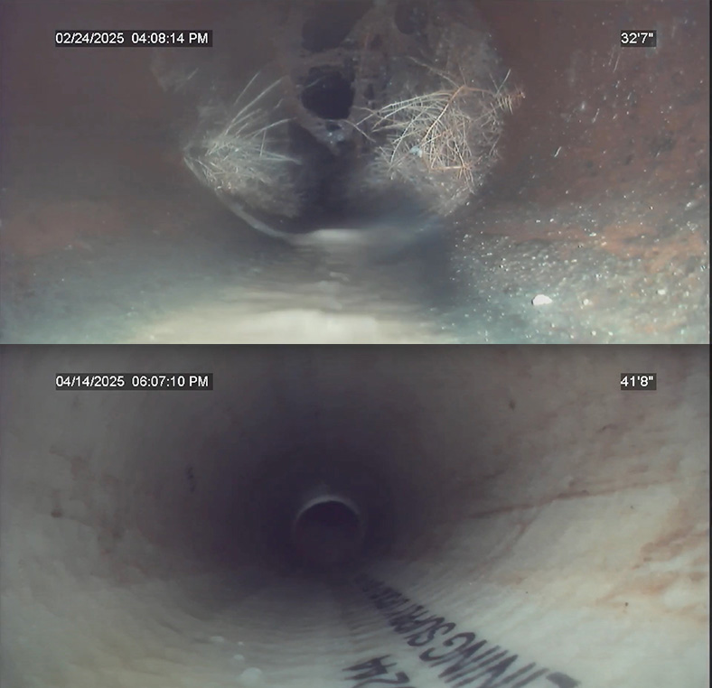 Dual‑view sewer camera images showing root intrusion in the pipe and a smooth interior